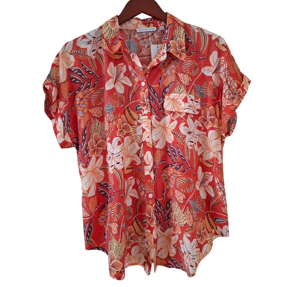 Notations Floral NEW Blouse Womens Size M Button Down Coral Orange Tropical Top